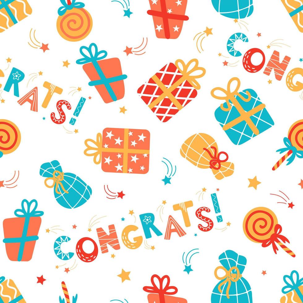 Congrats seamless pattern. Congratulations lettering, Scandinavian style, lollipop, gifts, flying stars. For christmas, new year, birthday party, postcards, banners, printing on fabric, wrapping. vector
