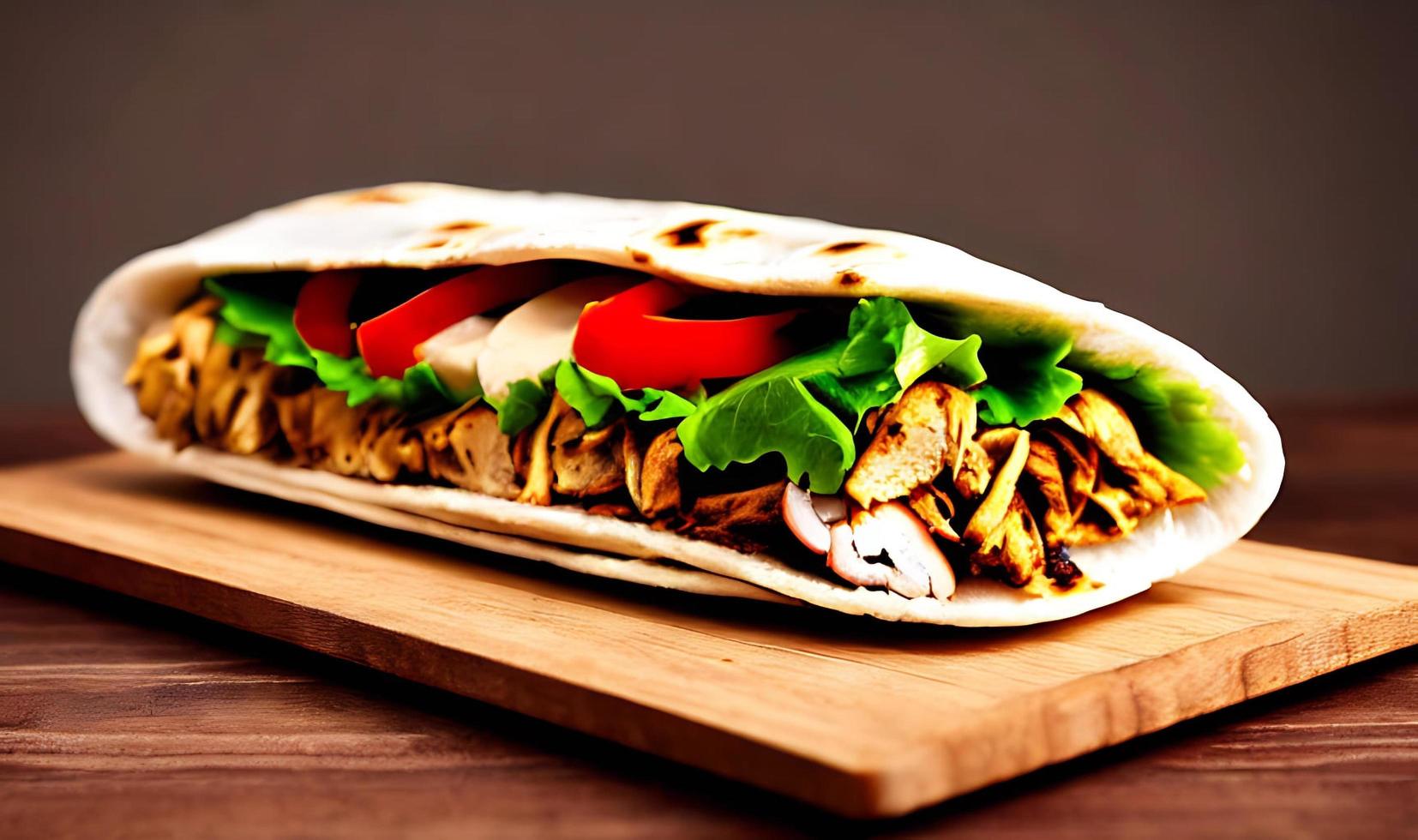 Shawarma. Doner kebab, fresh vegetables and meat. Kebab sandwich close up. photo