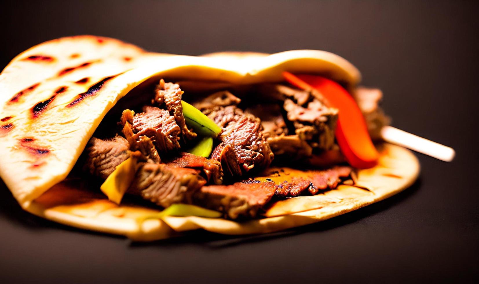 Shawarma. Doner kebab, fresh vegetables and meat. Kebab sandwich close up. photo