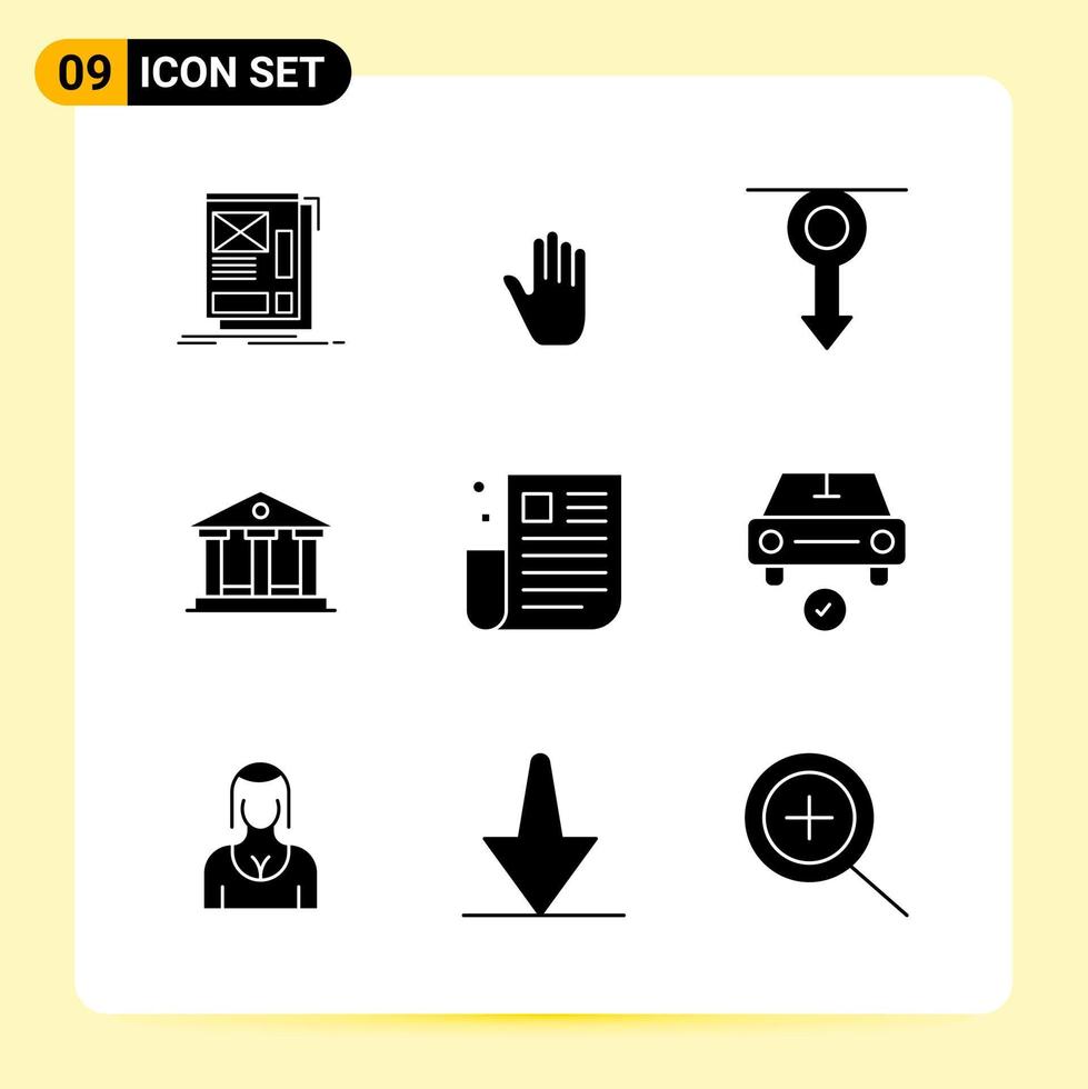 9 iconos creativos para el diseño moderno de sitios web y aplicaciones móviles receptivas. 9 signos de símbolos de glifo sobre fondo blanco. Paquete de 9 iconos. vector