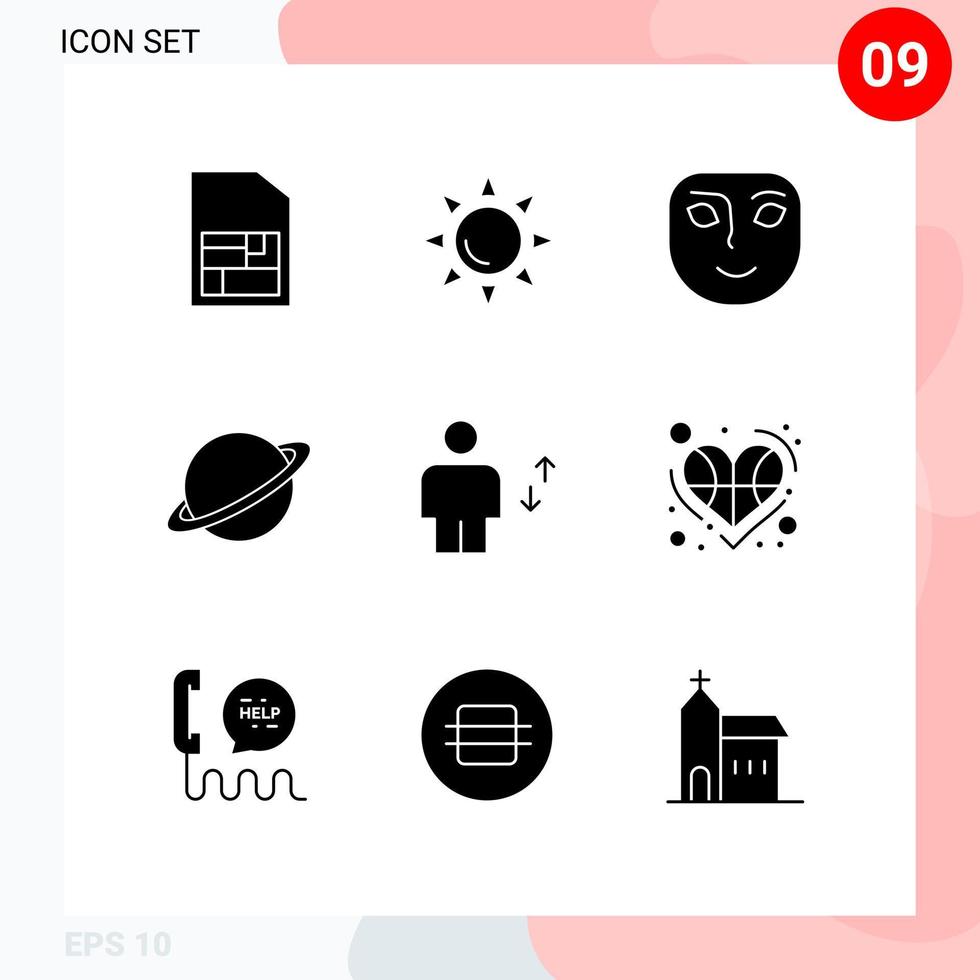 Group of 9 Modern Solid Glyphs Set for elevator avatar happy mars moon Editable Vector Design Elements