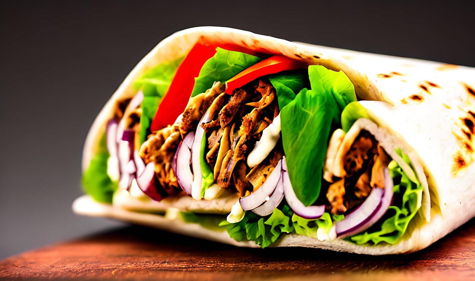 Shawarma. Doner kebab, fresh vegetables and meat. Kebab sandwich close up. photo