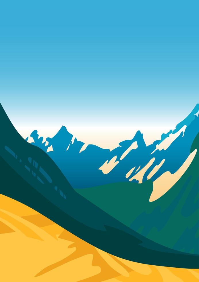 Bright summer landscape. Dry grass. Snow-covered mountain ranges, blue sky. Tourism, travel and adventure. For posters, postcards, banners, site vector