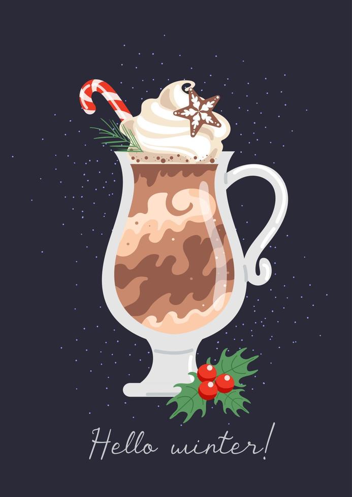 bebidas navideñas de invierno. chocolate caliente, crema batida en un vaso de cristal. copo de nieve de pan de jengibre. bastón de caramelo y acebo. ilustración de comida para menú, cafetería, postal, afiche, pegatina. vector