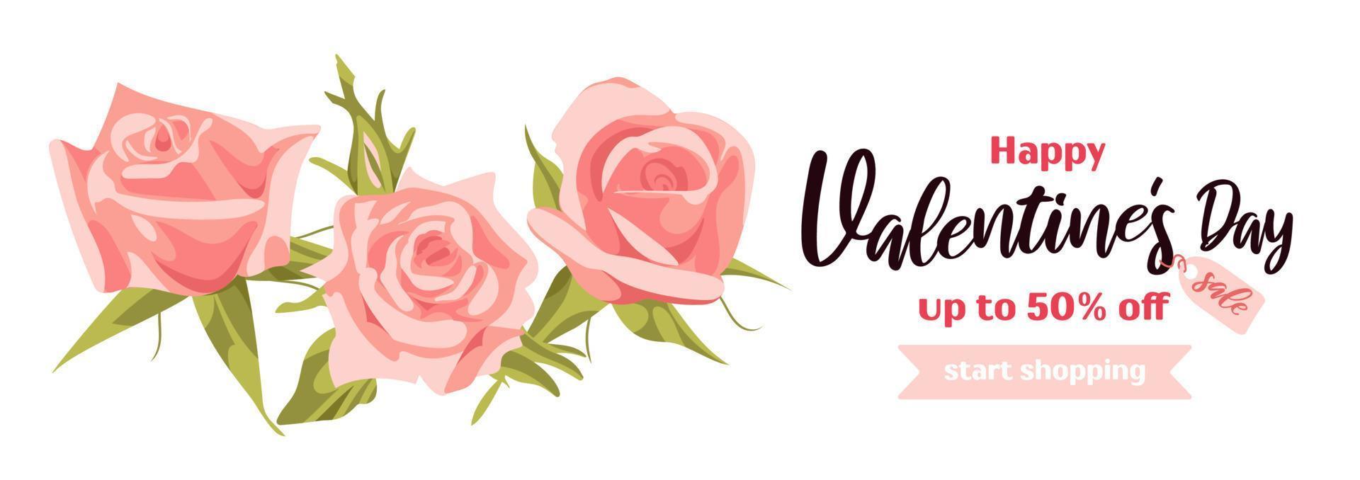 Happy Valentines Day sale. Bright horizontal banner in realistic style, english pink roses. For advertising banner, poster, flyer. vector