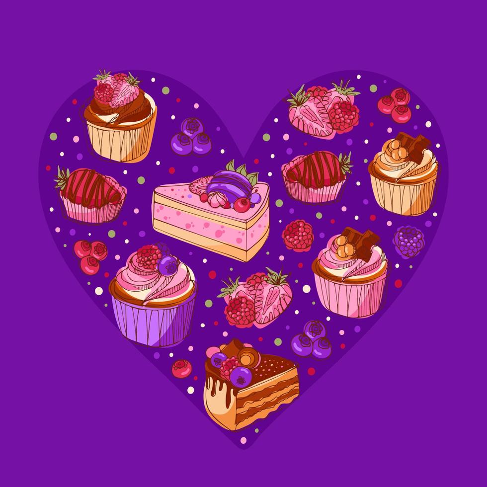 Delicious cupcakes with chocolate, berries and caramel heart shaped. Modern bright vector illustration in sketch style. For menu, pastry shop, birthday invitation, postcard, poster.