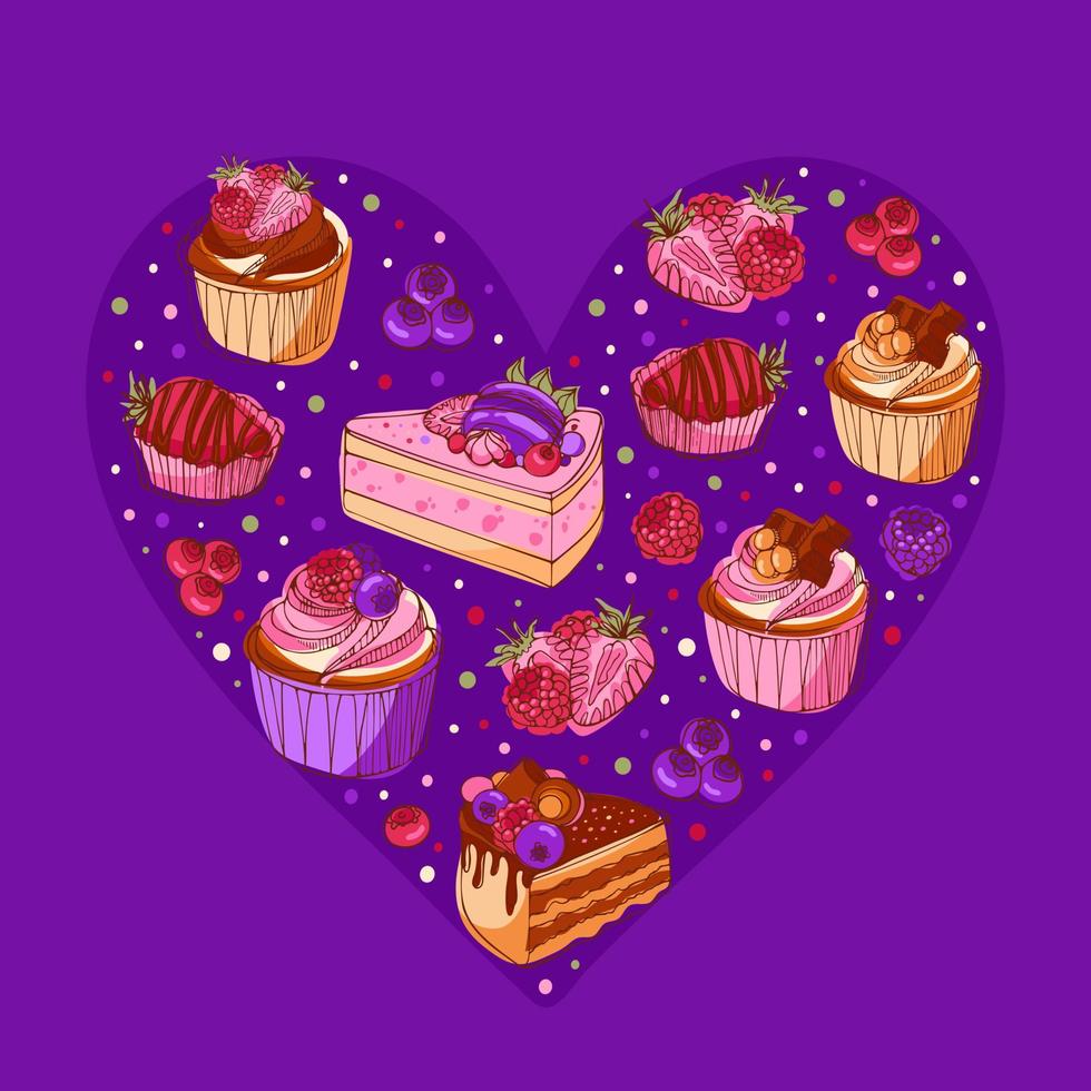 deliciosos cupcakes con chocolate, bayas y caramelo en forma de corazón. ilustración de vector brillante moderno en estilo boceto. para menú, pastelería, invitación de cumpleaños, postal, afiche.