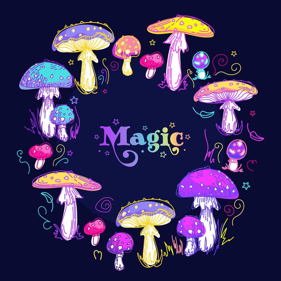 Fairy Rings. Magic witchs circle of fly agaric mushrooms. Psychedelic multi-colored amanita. Vintage botanical illustration, sketch style. For halloween, frame, posters, postcards, banners, fabric. vector