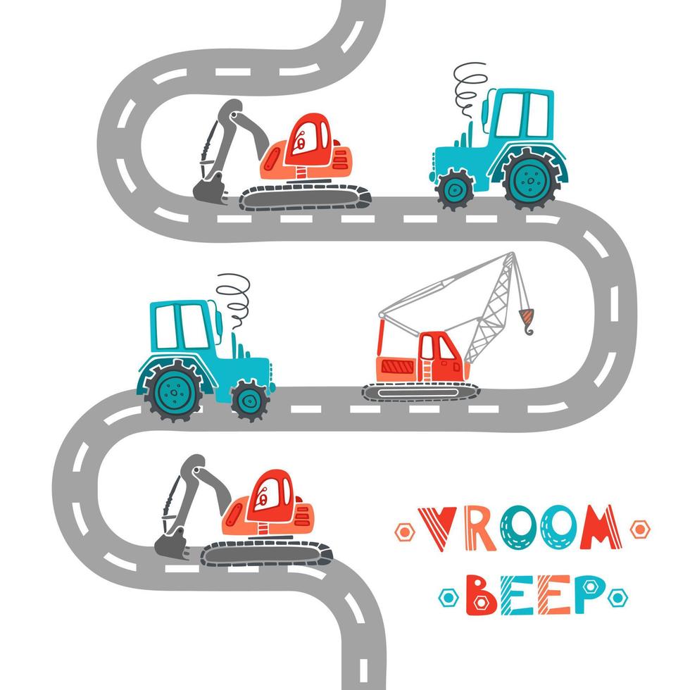 Childrens construction machinery pattern. Cartoon illustration scandinavian style. Transport machine excavator, tractor crane drives along the road. For nursery, wallpaper, printing fabric, wrapping. vector