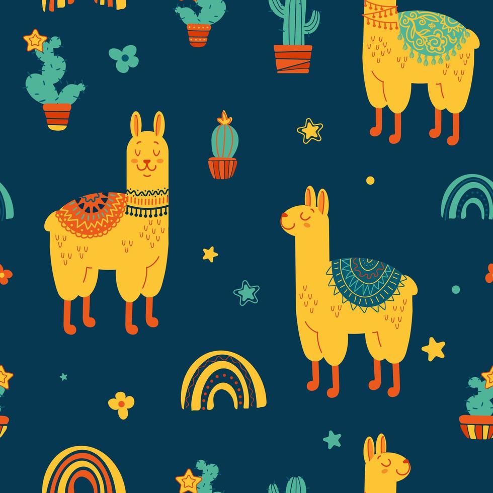 Childrens seamless pattern. Cute llamas in colorful ethnic blankets, cacti, stars, rainbow. Trendy bright vector flat illustration, citrus colors. For nursery, wallpaper, printing on fabric, wrapping.