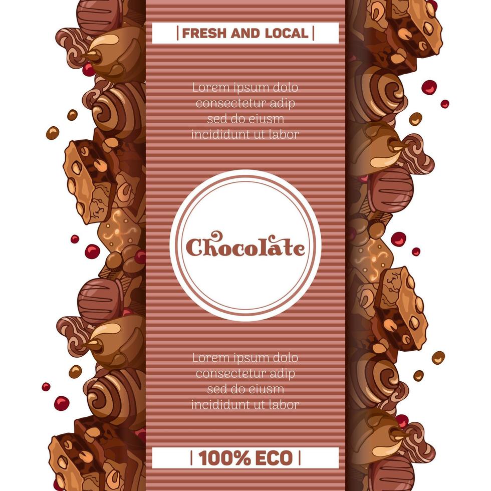 Graphic vintage illustration with milk chocolate pieces, nuts, candies. Packaging template. World Chocolate Day. For menu, label, product packaging vector