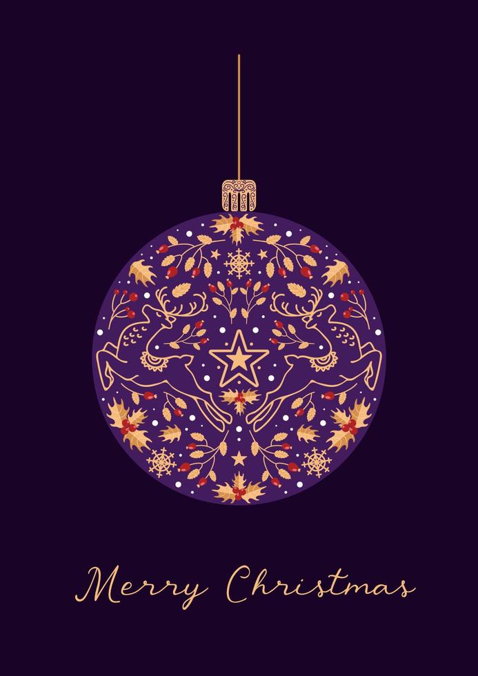 plantilla artística brillante feliz navidad. bola de navidad de invierno, ciervos, estrellas, bayas, acebo. en colores festivos dorado, rojo y morado. estilo vintage. para carteles, tarjetas, pancartas. vector