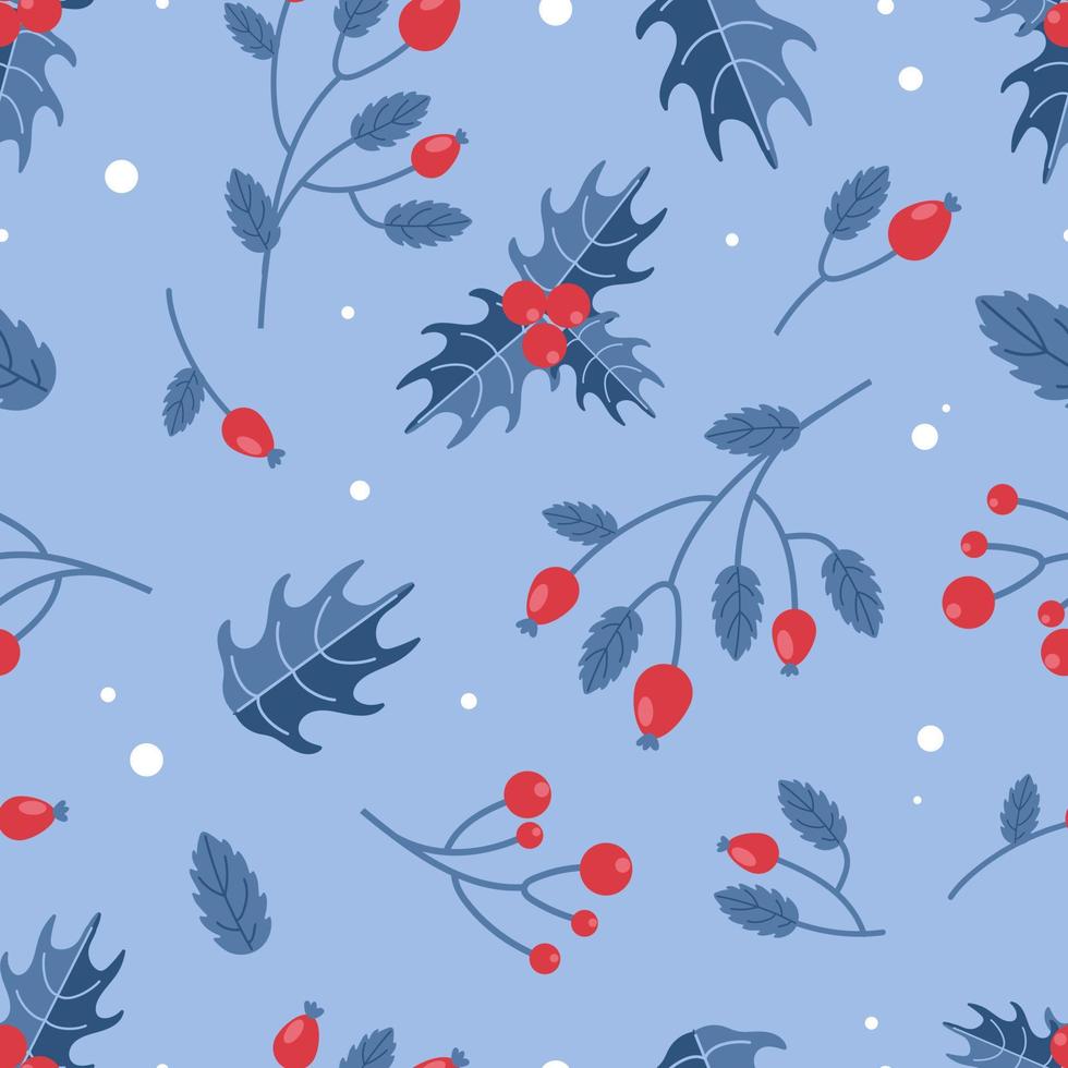 Bright Christmas pattern. Winter berries rosehip, holly. In red and blue festive colors. In a flat style. For nursery, wallpaper, printing on fabric, wrapping. vector