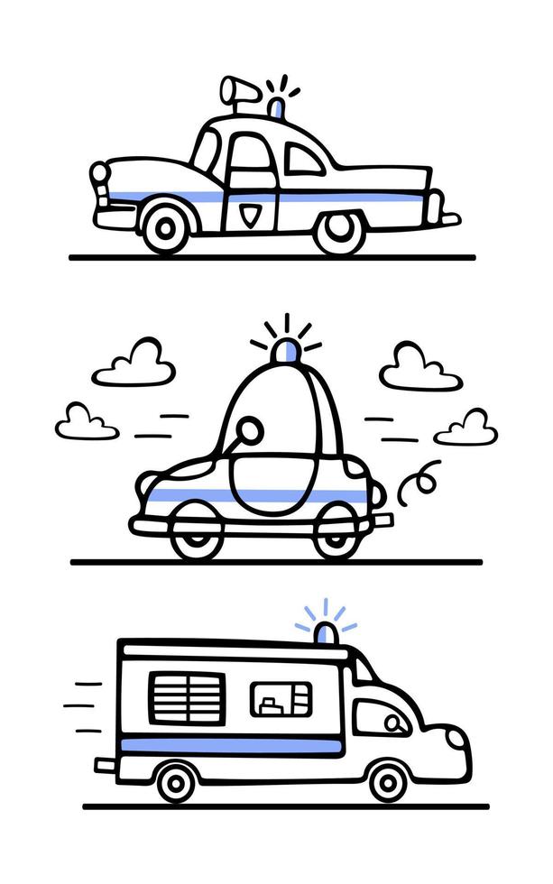 Set of police cars. Vector doodle illustration for boys in scandinavian style. The police siren is wailing. Transport, cars go on the road. For posters, cards, books, design elements