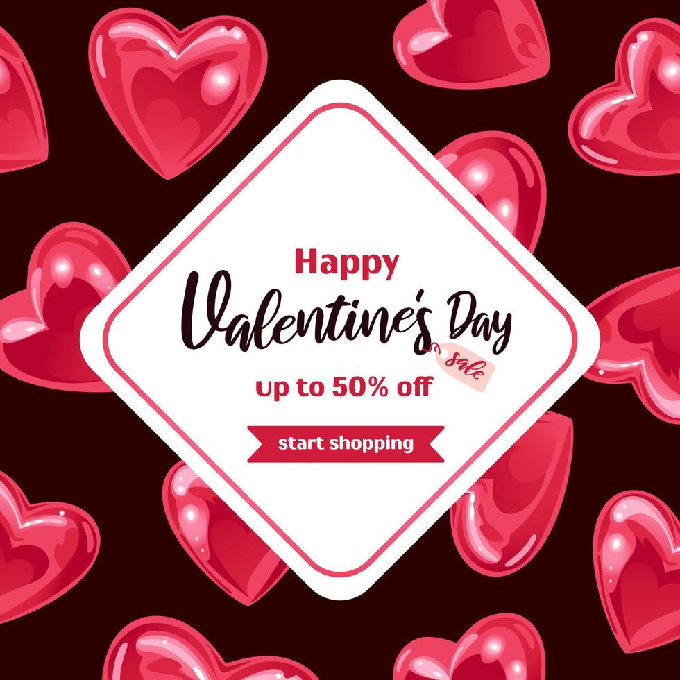 Square banner for Valentines Day. Flying sparkling realistic heart shaped balloons. On a dark background. For advertising banner, website, advertising flyer. vector