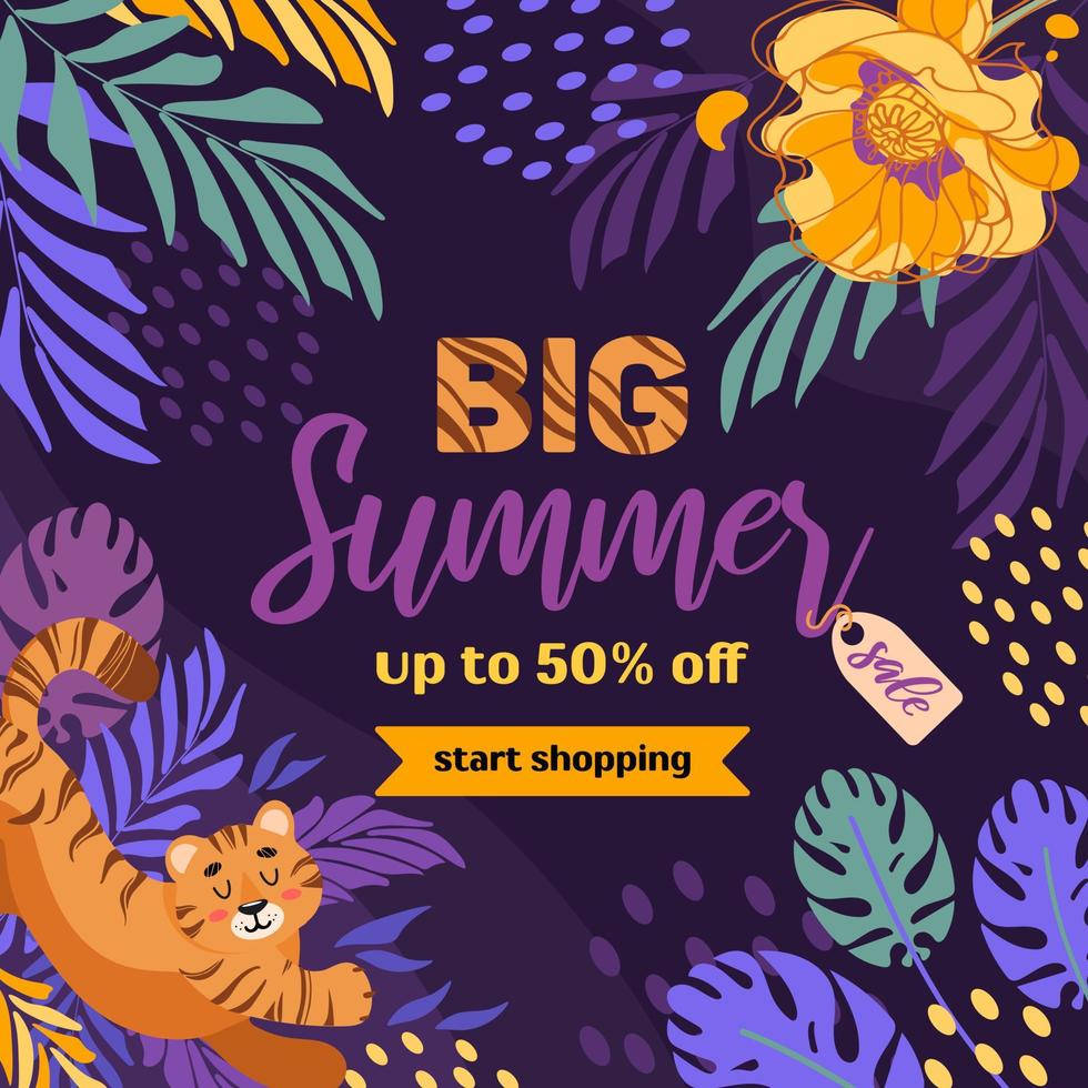 Bright summer sale square banner in cartoon style. Tiger, tropical leaves and flowers. Violet-orange on a dark background. For advertising banner, website, poster, sale flyer. vector