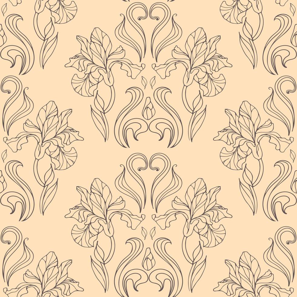 Graceful vintage iris flowers on a beige background. Vector illustration in classic style. Seamless damask pattern. Floral illustration for wallpaper, fabric print, packaging.