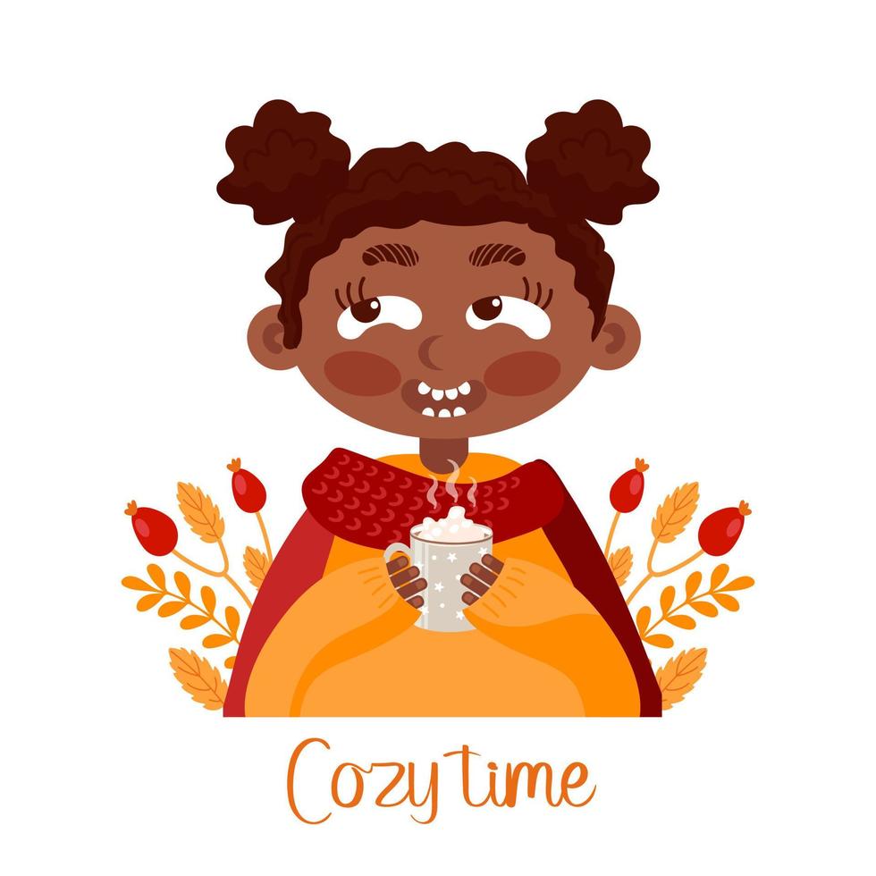 Cozy time. Afro american girl in orange sweater and red scarf drinks hot chocolate with marshmallows. Autumn leaves and berries, warm clothes. For posters, postcards, banners, fabric printing. vector