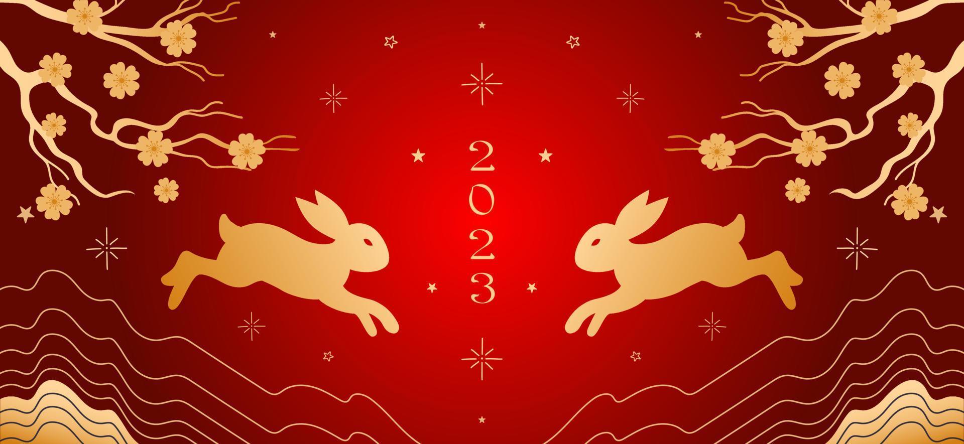 Rabbit, symbol of the Chinese New Year 2023. Bright vector vintage banner with golden pattern on red background, Asian style. Sakura flowers, abstract. spring. for poster, banner, flyer, advertisement