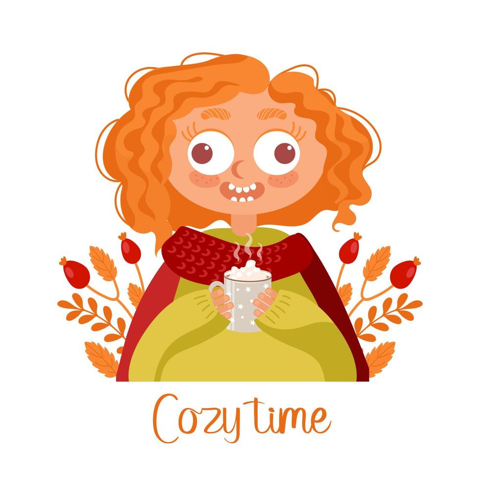 Cozy time. The red-haired girl is insanely happy about autumn, she drinks coffee with marshmallows. Autumn leaves and berries, warm clothes, sweater and scarf. For posters, postcards, banners, fabric vector