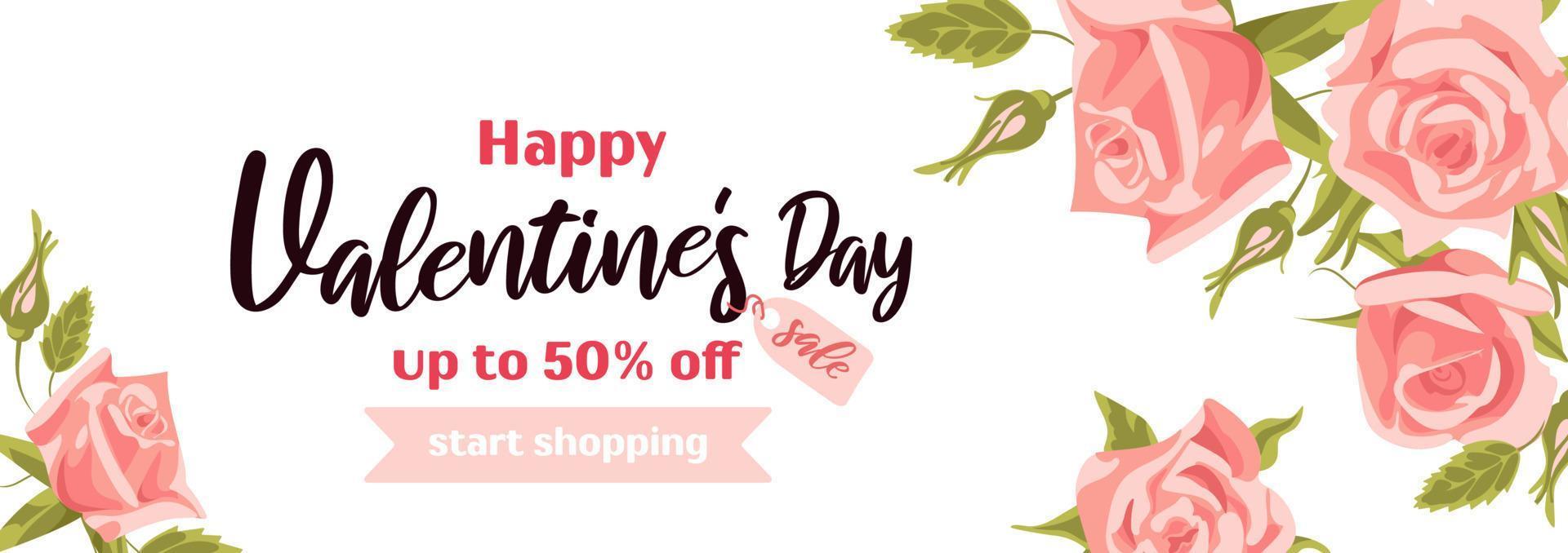 Happy Valentines Day sale. Bright horizontal banner with a bouquet of rosebuds, vintage. Realistic style, peach colour roses. For advertising banner, poster, flyer. vector