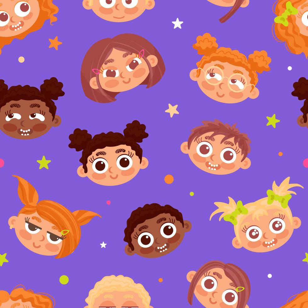 Seamless pattern of childrens faces of different nationalities and stars on a purple background. positive emotions. Joy, fun, happiness, mischief. For nursery, wallpaper, fabric printing, wrapping, vector