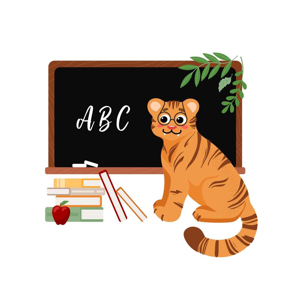 Cute illustration, tiger with glasses, studying at school. Science, schoolboy, student, blackboard, textbooks, apple. Symbol of Chinese New Year 2022. For posters, postcards, banners, design elements vector