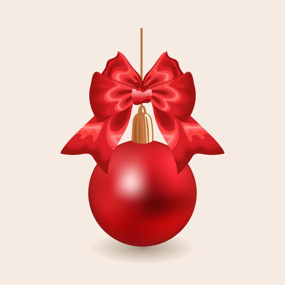 Realistic red matte Christmas ball with satin bow and shadow. Isolated vector illustration for stickers, posters, cards, design elements.