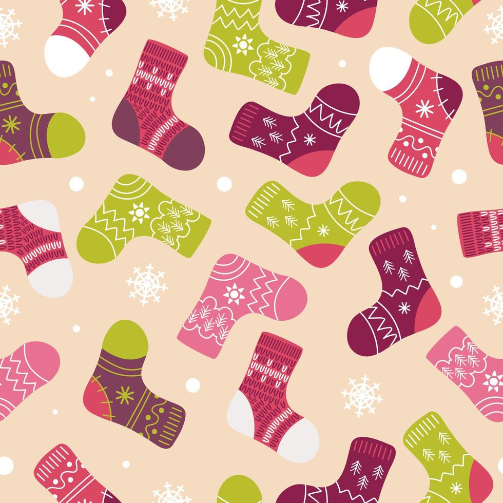 calcetines navideños brillantes, medias, botas. ropa de invierno de lana con motivos escandinavos y copos de nieve al estilo de las caricaturas. rosa y verde para vivero, papel tapiz, impresión en tela, envoltura. vector