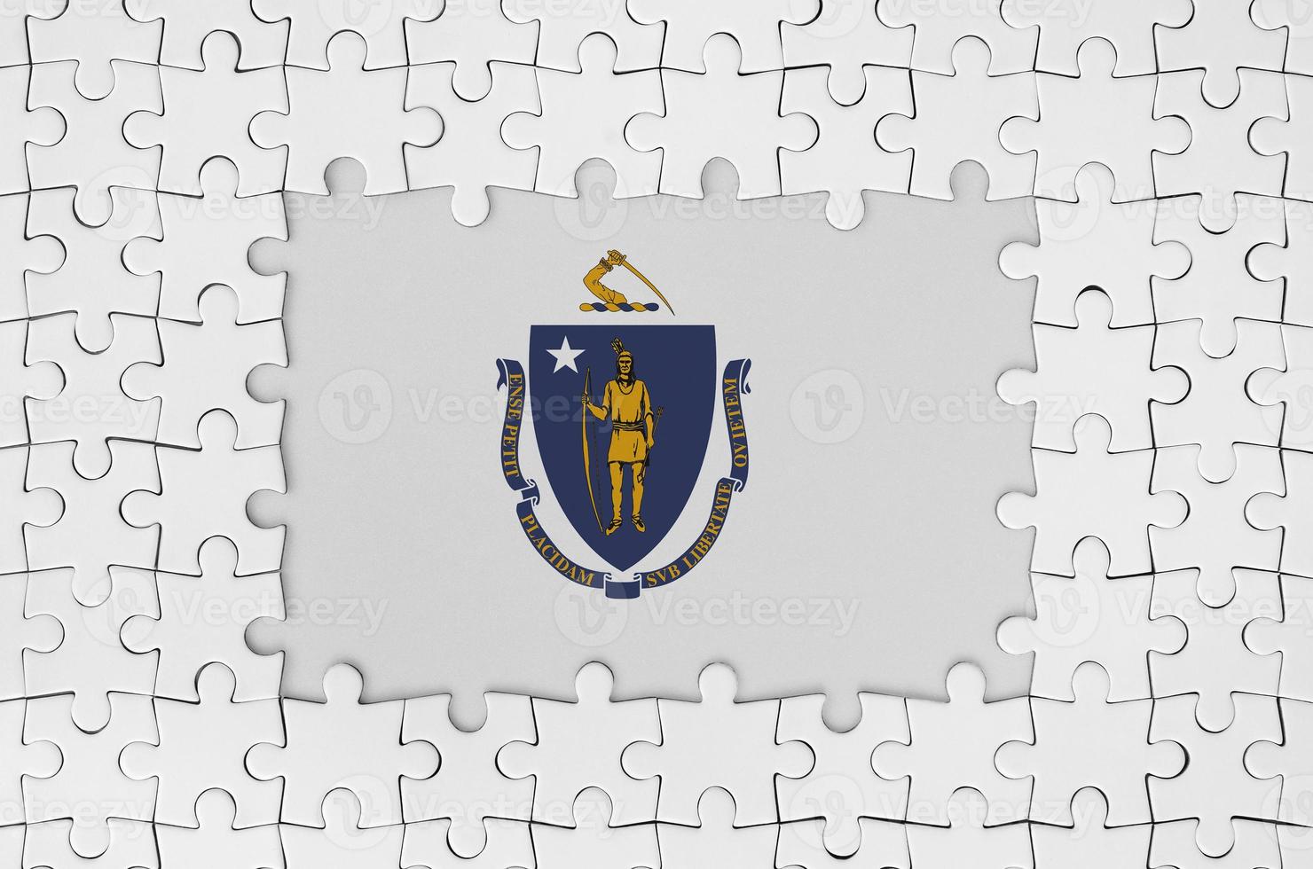 Massachusetts US state flag in frame of white puzzle pieces with missing central part photo