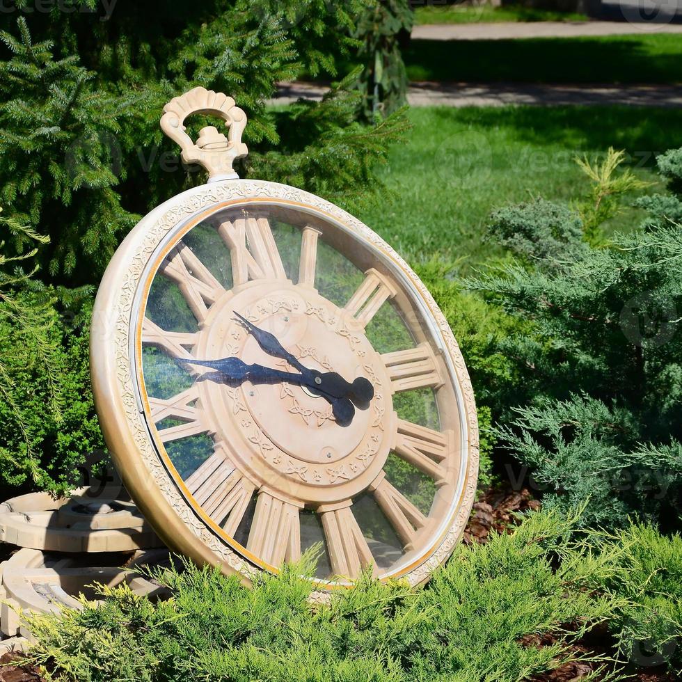 Street clock in a park under branches of trees close up photo