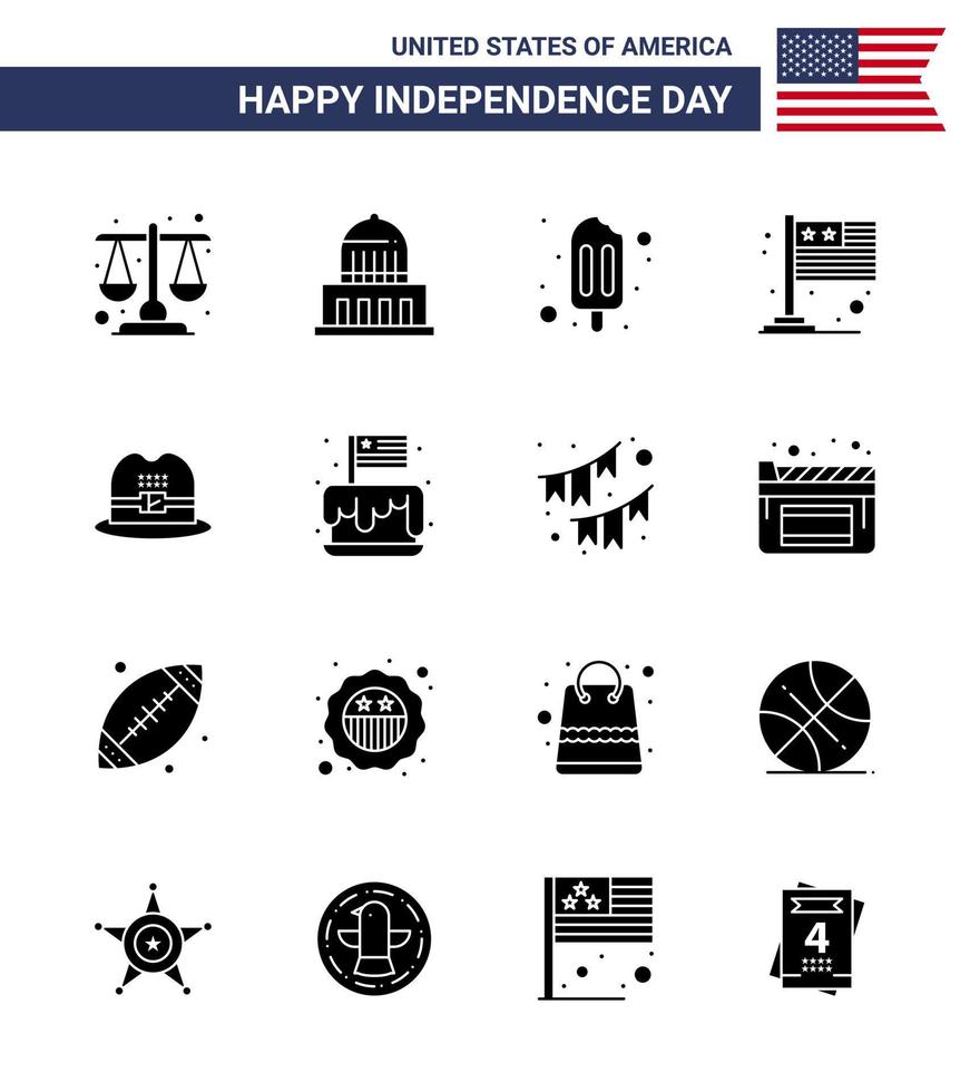 Modern Set of 16 Solid Glyphs and symbols on USA Independence Day such as american hat ice cream usa flag Editable USA Day Vector Design Elements