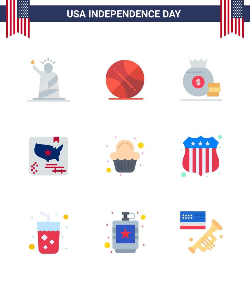 conjunto de 9 paquetes de pisos modernos en el mapa de la torta del día de la independencia de estados unidos bandera de estados unidos elementos de diseño vectorial del día de estados unidos editables estadounidenses vector