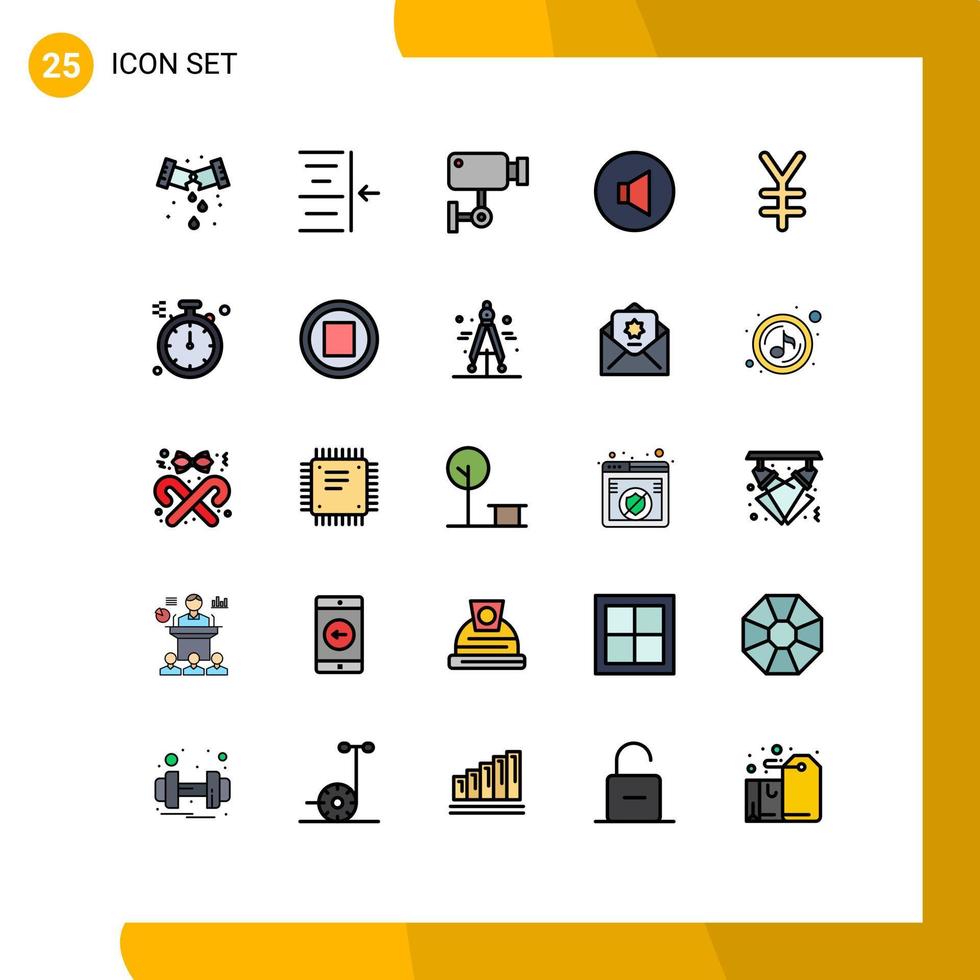 grupo de 25 signos y símbolos de colores planos de línea rellena para elementos de diseño vectorial editables de volumen de dispositivo de moneda yen vector