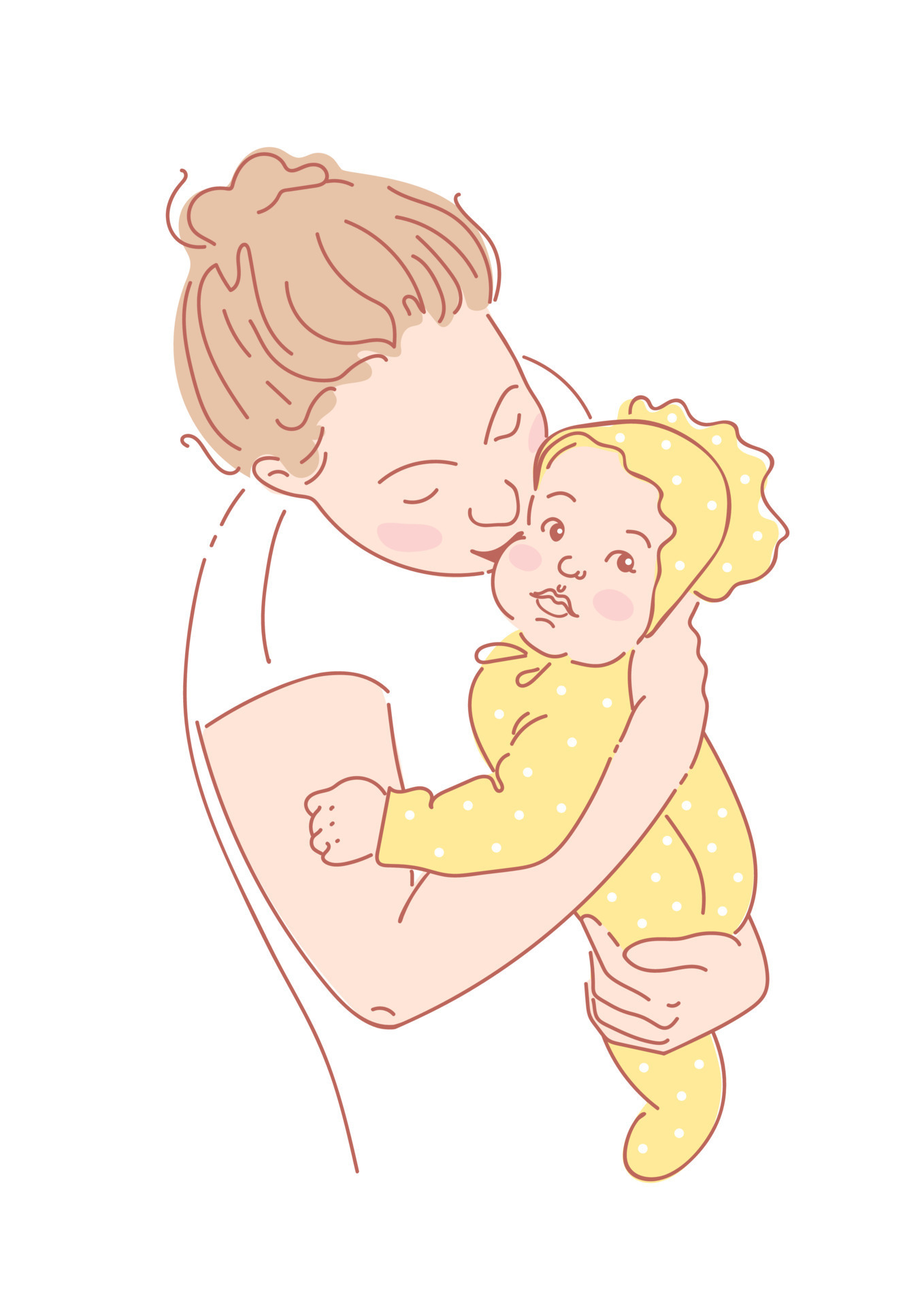 Mom kisses the baby on the cheek. mother and child. A young woman holds a child in her arms. single motherhood, happy childhood. Cute sketch style vector illustration. For posters, postcards, book. Mom kisses the baby on the cheek. mother and child. A young woman holds a child in her arms. single motherhood, happy childhood. Cute sketch style vector illustration. For posters, postcards, book.