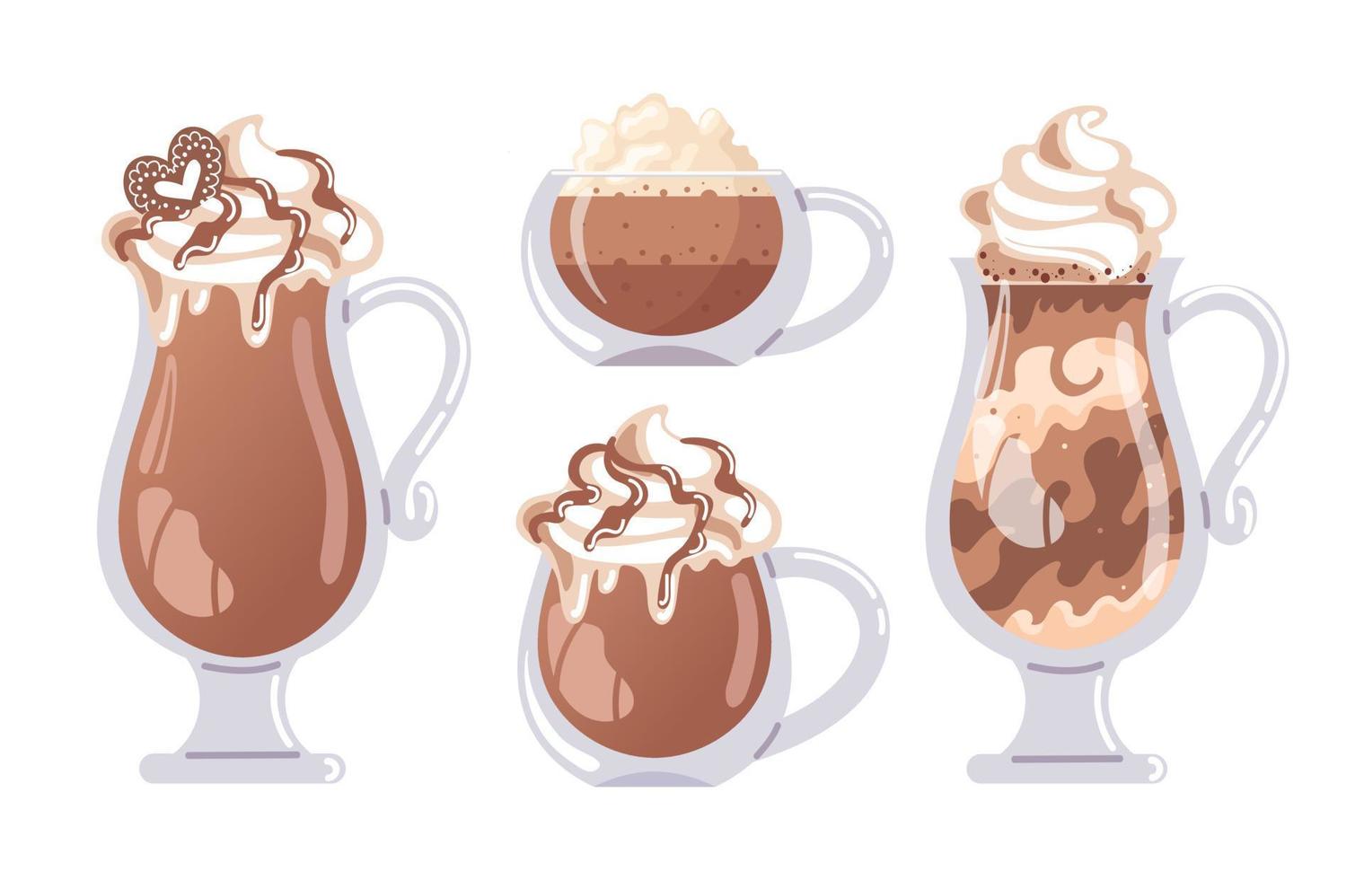 Coffee cup set. Cappuccino, latte, glasse and mocha. Hot chocolate in a glass, whipped cream. Vector food illustration for menu, cafe, postcard, sticker