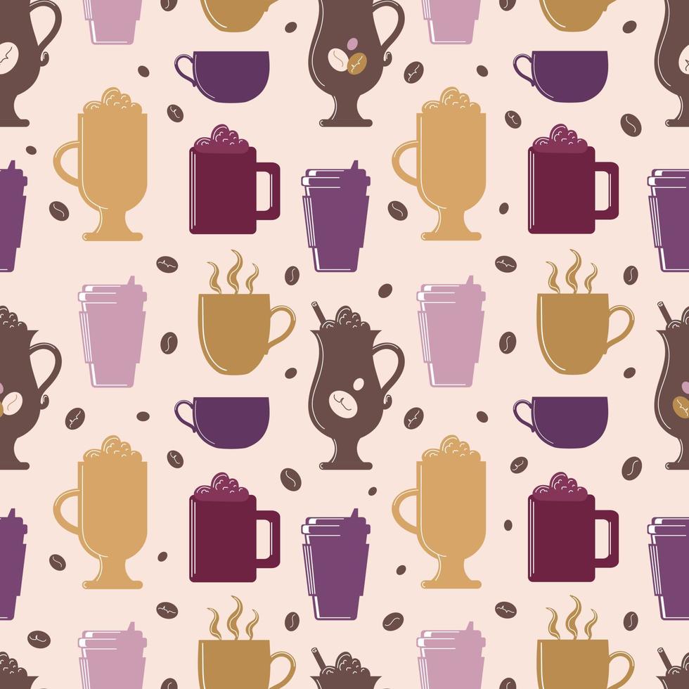 International Coffee Day. Hot drinks. Seamless pattern with silhouettes of coffee, cocoa, cappuccino. In warm earthy tones. For wallpaper, fabric, wrapping, background. vector