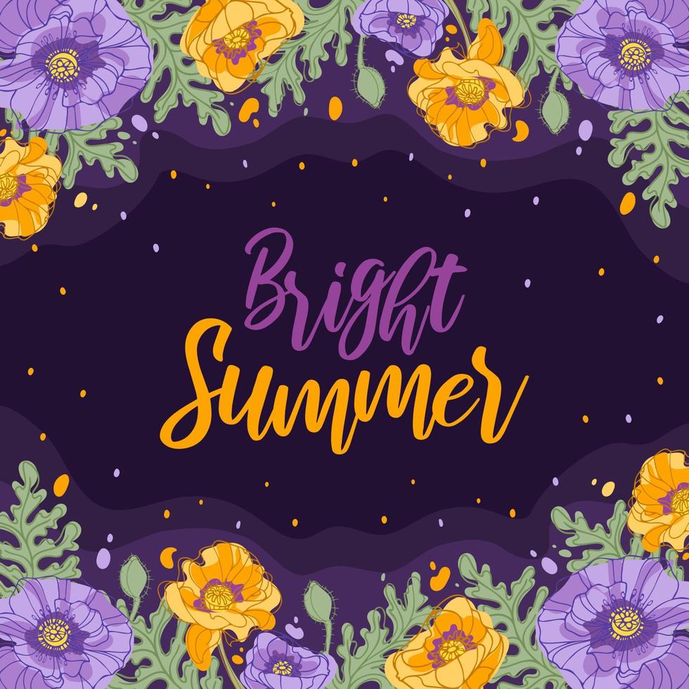 Bright summer, square banner. Delicate buds of flowering poppies. In yellow-violet tones on a dark contrasting background. Botanical illustration for background, cards, website, posters, flyers. vector