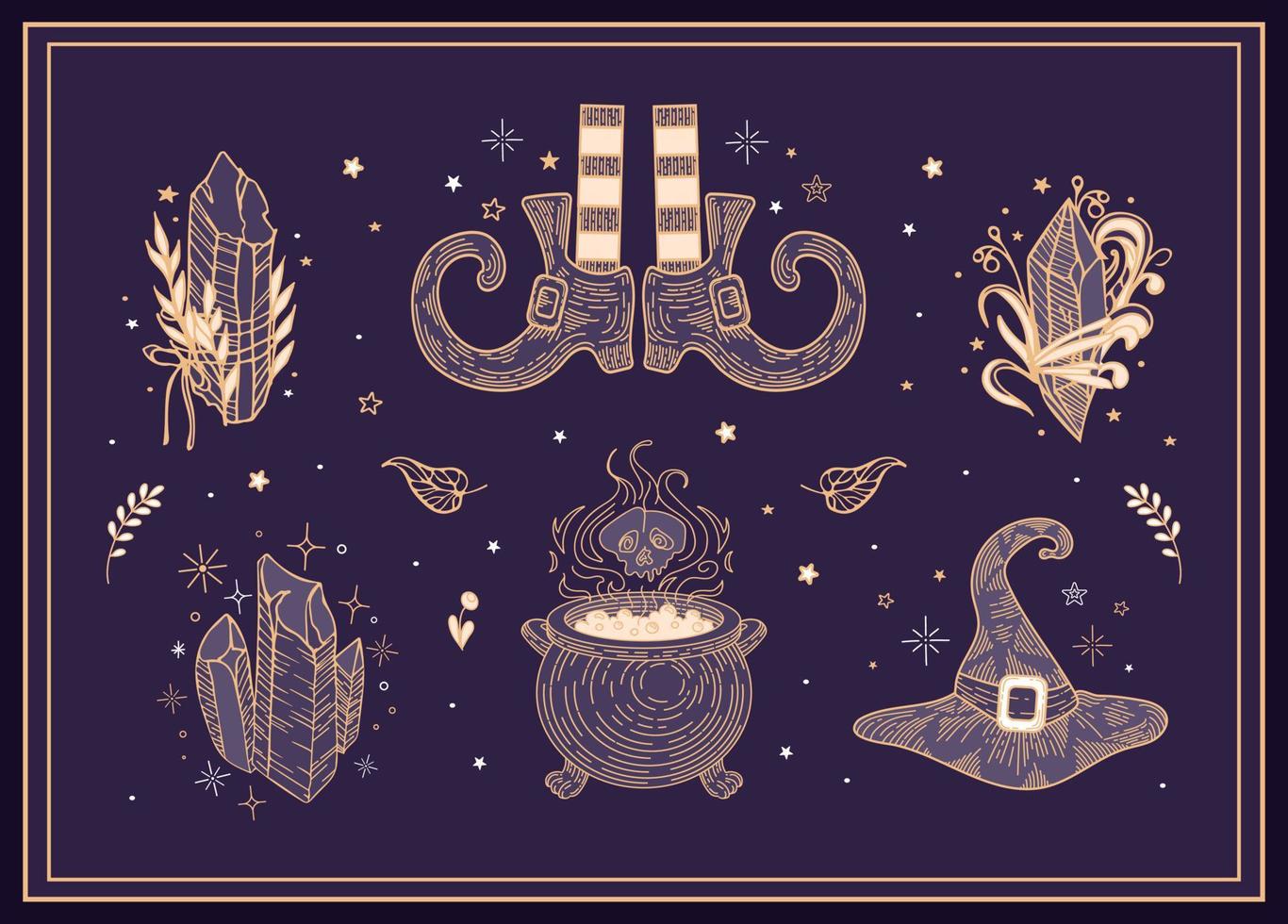 A set of magical items. Witchs cauldron with potion. Witch hat, striped stockings. Crystal with plant. ritual amulet. Vintage illustration in boho style. Halloween, witchcraft. For logo, posters, card vector