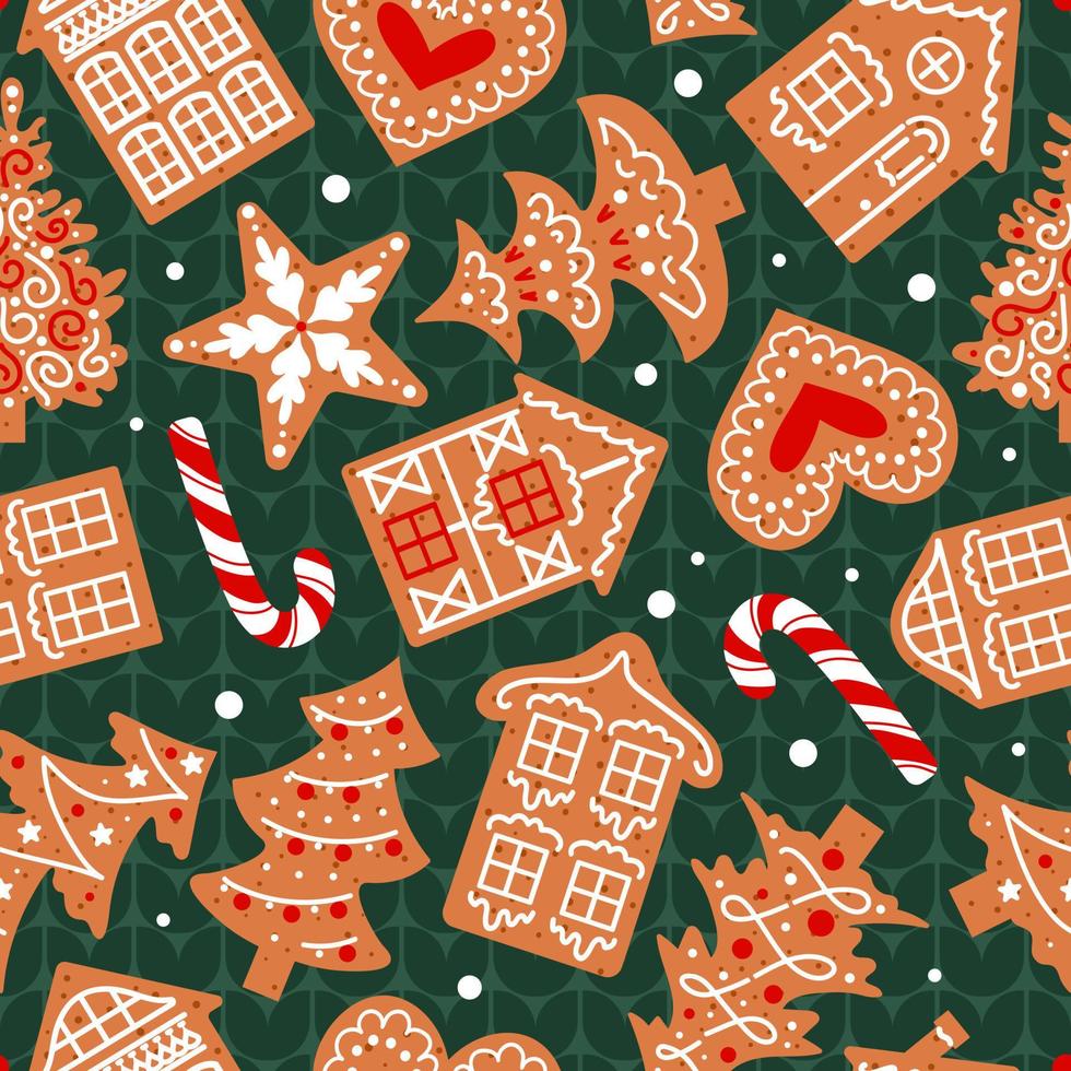 Gingerbread, decorated with icing, lie on a green knitted sweater. Christmas seamless pattern. Traditional cookies. Houses, candy cane, snowflakes and hearts. For wallpaper, fabric, wrapping. vector