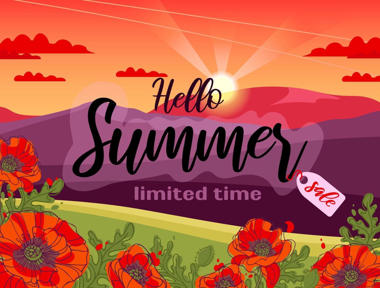 Banner summer sale. Beautiful evening landscape. Slope with blooming poppies. Mountains and the sunset sky in the clouds, the setting sun. Vector illustration for background, website, posters, flyers.