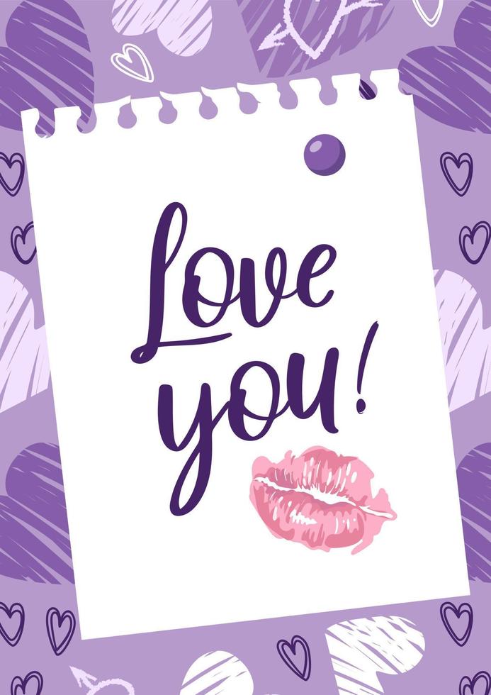 postal para el día de san valentín. te amo. nota con un beso, corazones. ilustración moderna audaz con texturas grunge. para carteles, postales, pancartas, impresión en tela vector