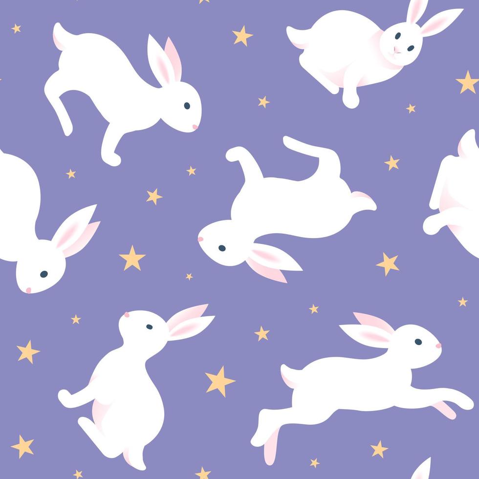 Rabbits, Chinese New Year 2023. Bright vector seamless pattern. Night in gentle pastel colors, purple starry sky. For wallpaper, printing on fabric, wrapping, background