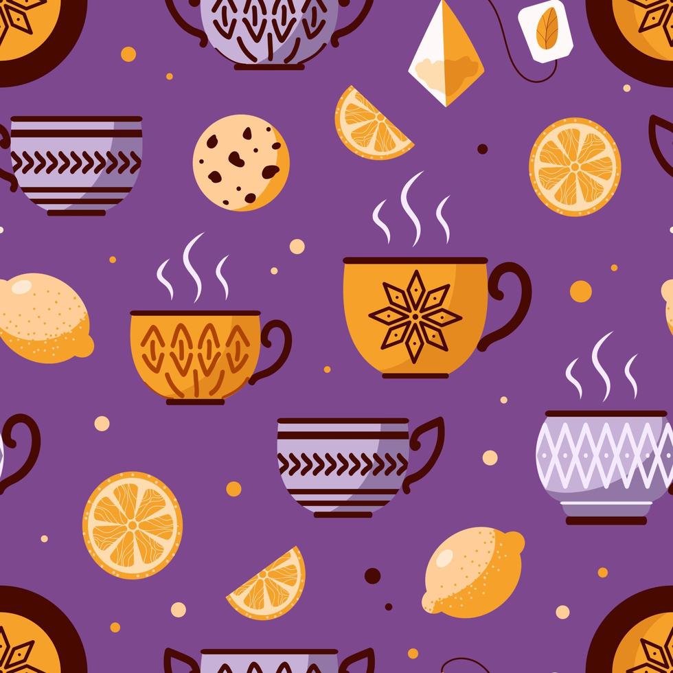 Seamless vector pattern cozy tea party handmade ceramic utensils with ethnic ornament. Mugs, plates, lemons, cookies and tea bags. For cafe, kitchen, wallpaper, fabric, packaging. Violet-yellow tones