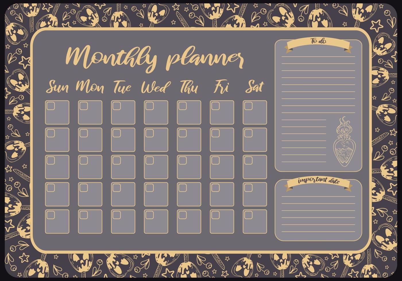 Cute monthly planner. Vintage illustrations for Halloween. Witchcraft, magic. Potion, caramel apples. To-do list, notes, template design, important dates. Schedule, calendar for study, school. vector