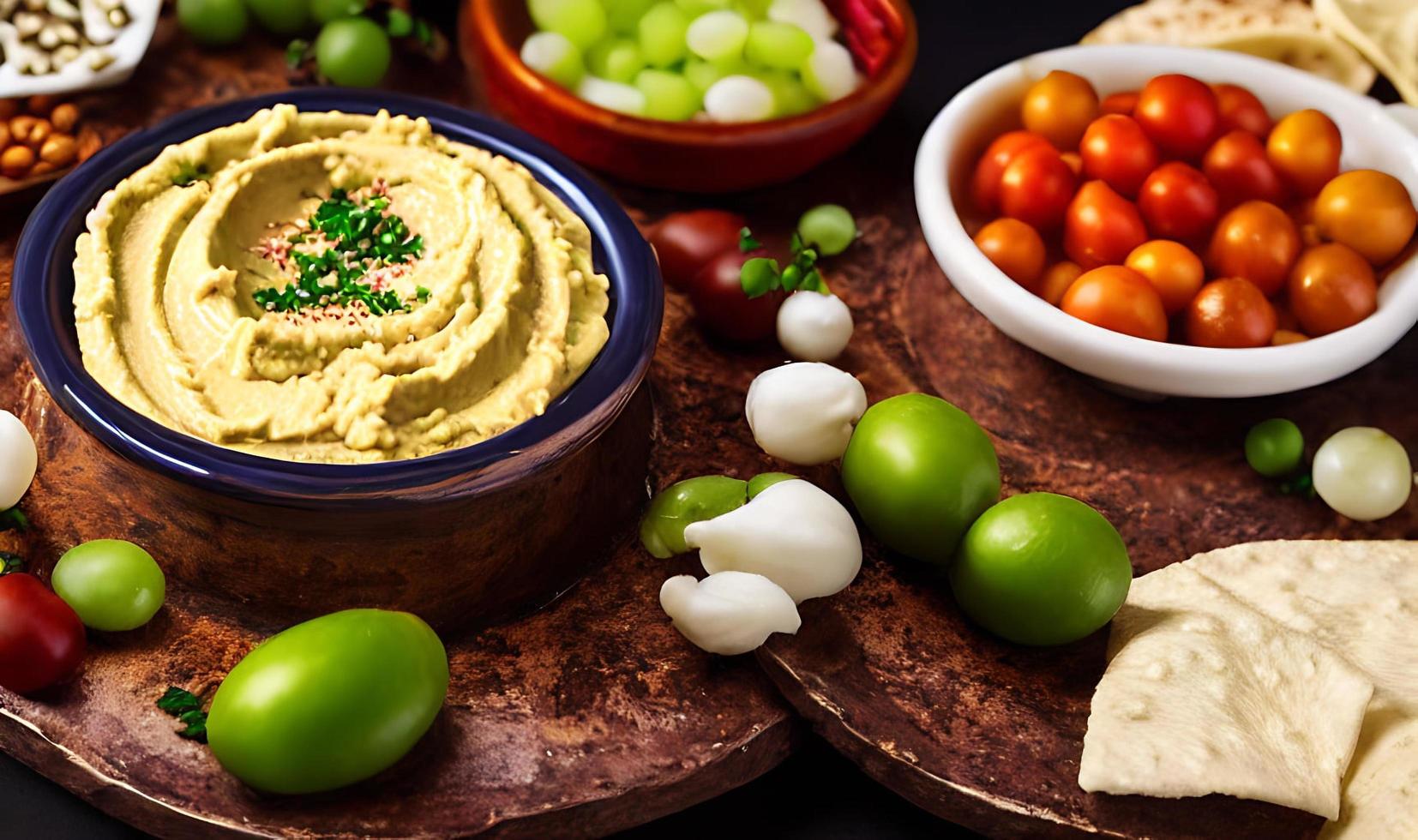 comida sana. hummus orgánico tradicional recién hecho. foto