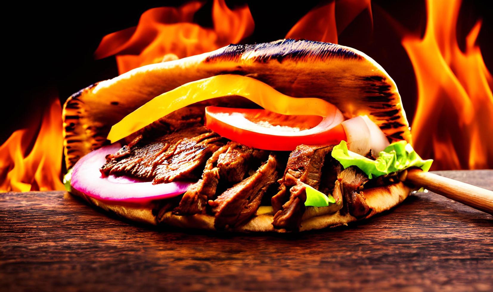 Shawarma. Doner kebab, fresh vegetables and meat. Kebab sandwich close up. photo