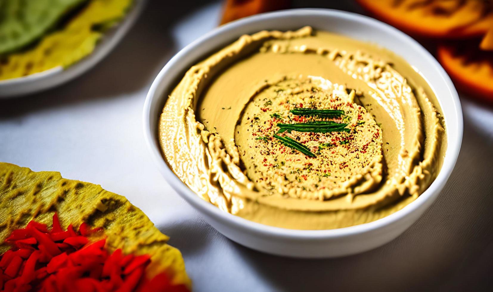 Healthy food. Traditional freshly made organic hummus. photo