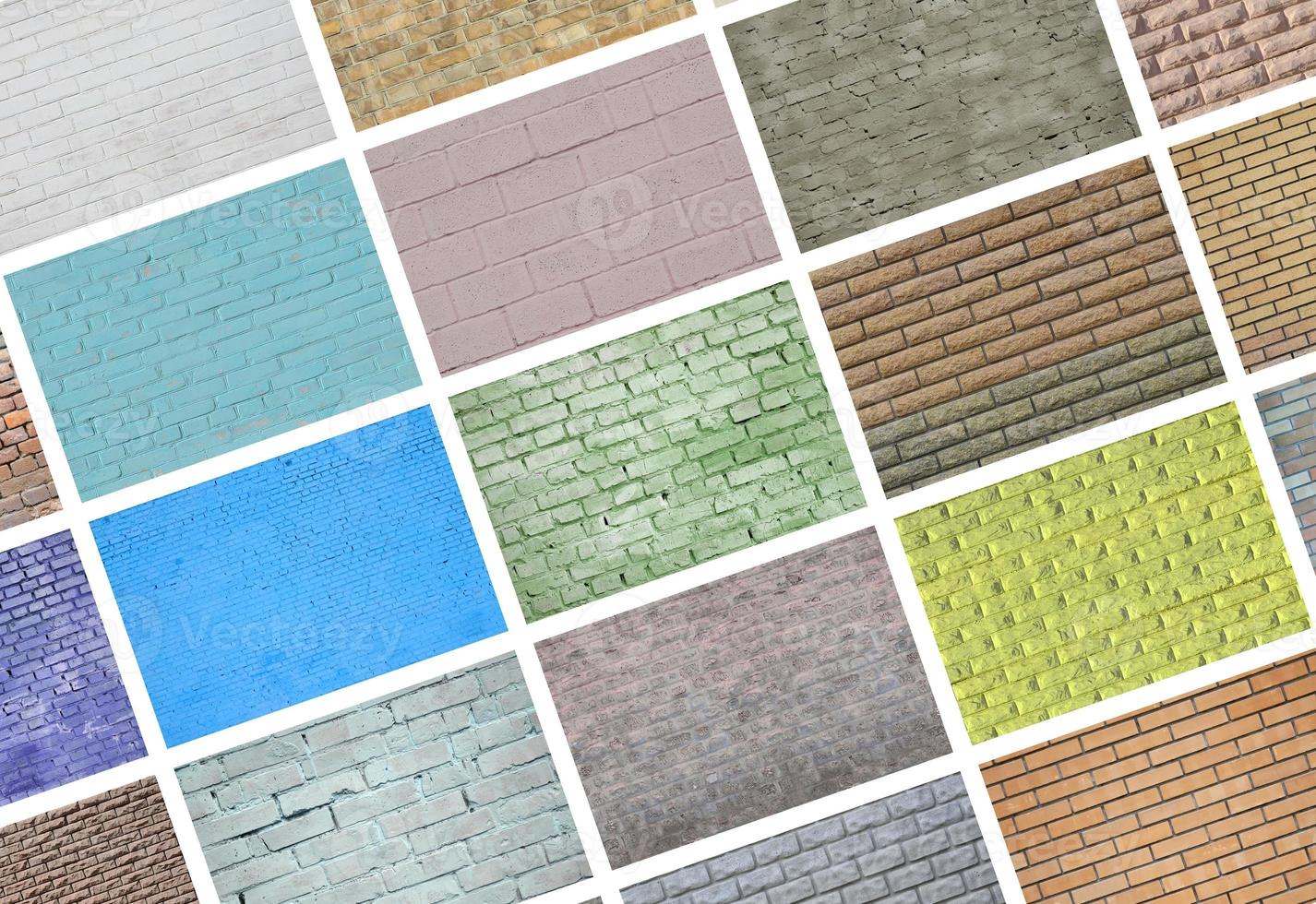 A collage of many pictures with fragments of brick walls of different colors close-up. Set of images with varieties of brickwork photo