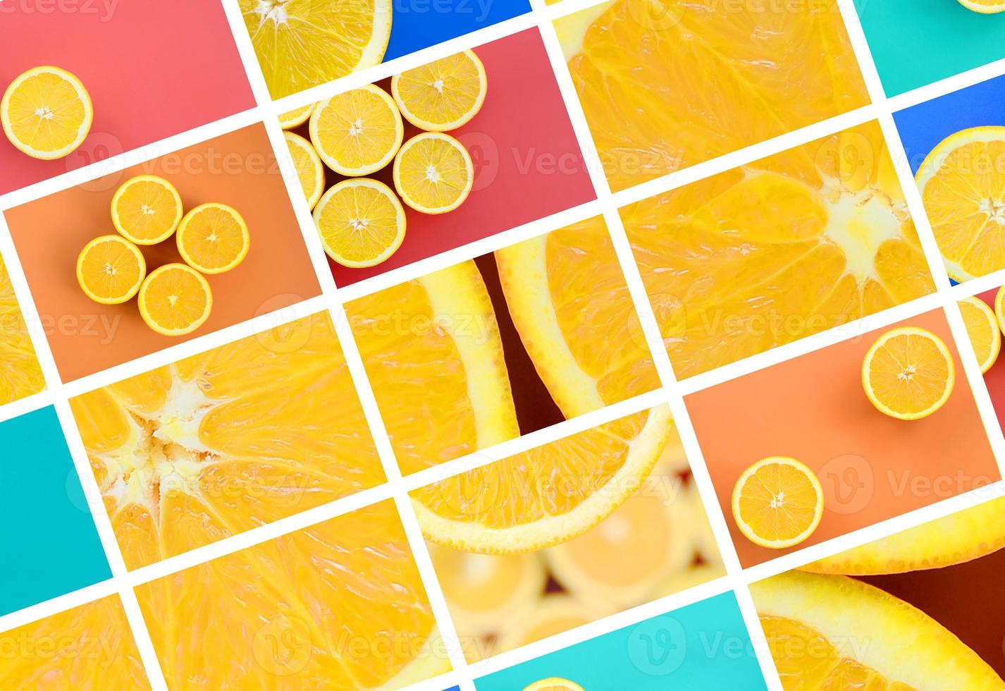 A collage of many pictures with juicy oranges. Set of images with fruits on backgrounds of different colors photo